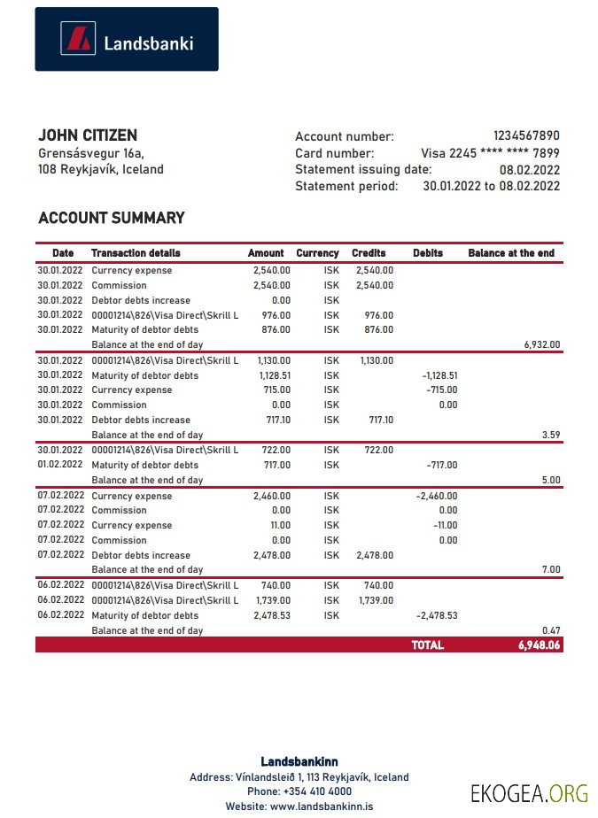 Relevé bancaire Islande Landsbankinn XLS
